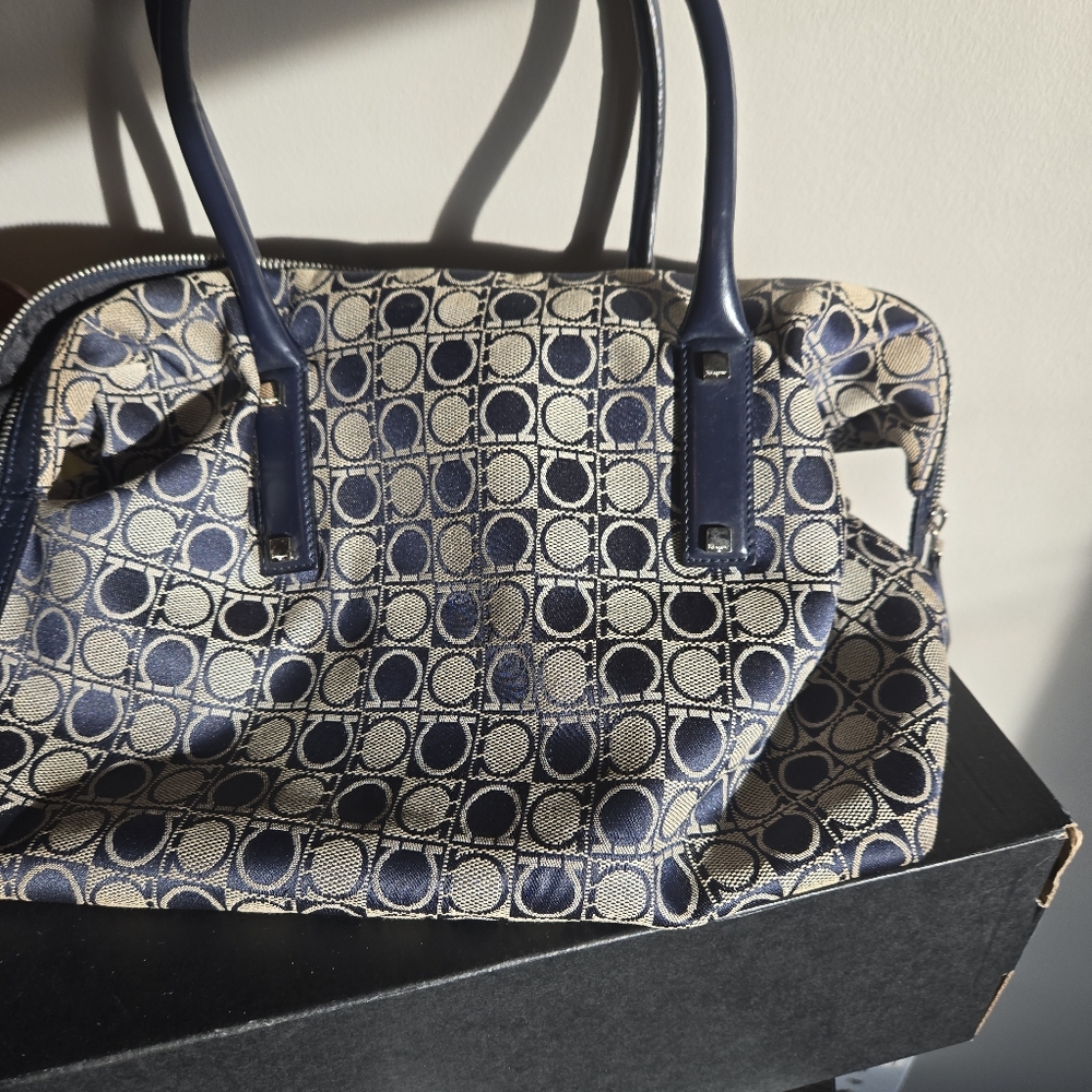 Salvatore Ferragamo Navy and Beige Canvas Patterned Women's Bag W/ Authenticity
